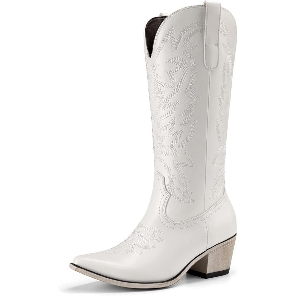 Women White Western Mid Calf Boots Snip Toe Embroid Low Chunky Heel Fashion
